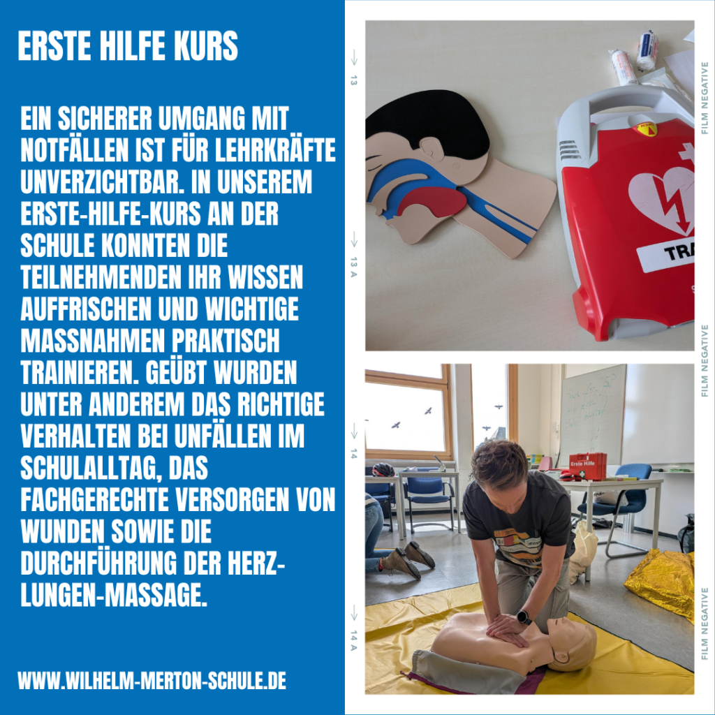 Ein sicherer Umgang mit Notfällen ist für Lehrkräfte unverzichtbar. In unserem Erste-Hilfe-Kurs an der Schule konnten die Teilnehmenden ihr Wissen auffrischen und wichtige Maßnahmen praktisch trainieren. Geübt wurden unter anderem das richtige Verhalten bei Unfällen im Schulalltag, das fachgerechte Versorgen von Wunden sowie die Durchführung der Herz-Lungen-Massage.